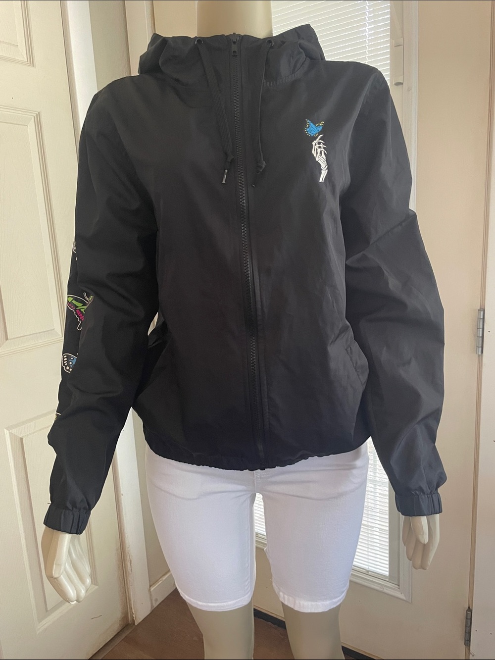 Empyre Black Hooded Bomber Jacket with Blue Butterfly Embroidery